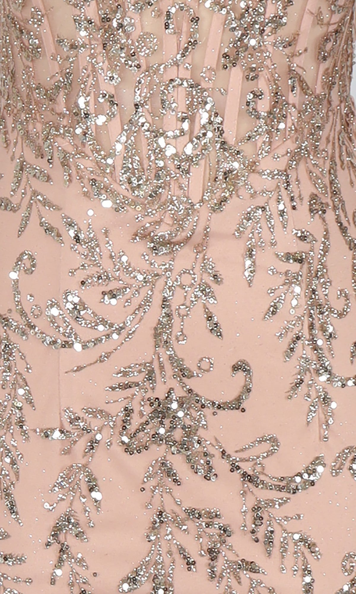Close-up of the PromGirl Exclusive 250346 short homecoming dress, a peach-colored strapless mini with a sweetheart neckline and sparkling silver sequin floral and leaf embroidery.